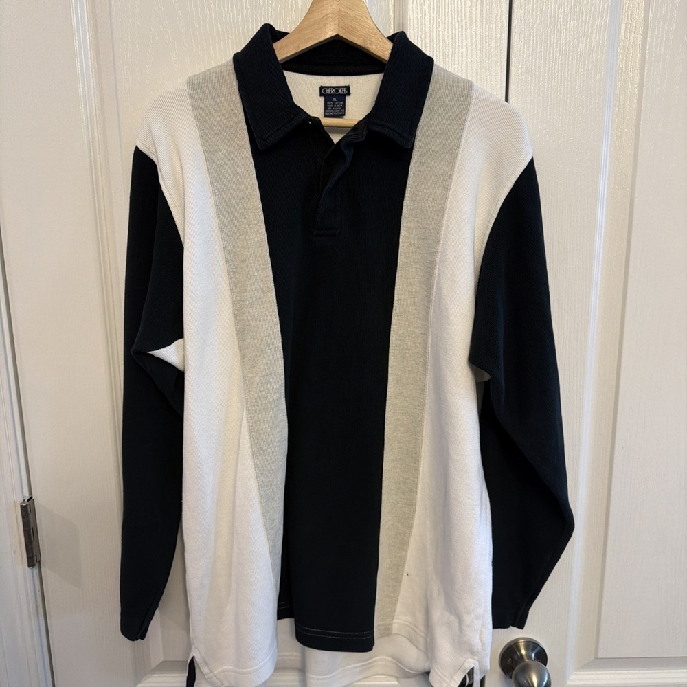 Vintage 1990s Cherokee Ribbed Long Sl Mens Polo Shirt Colorblock Blue Gray Sz XL